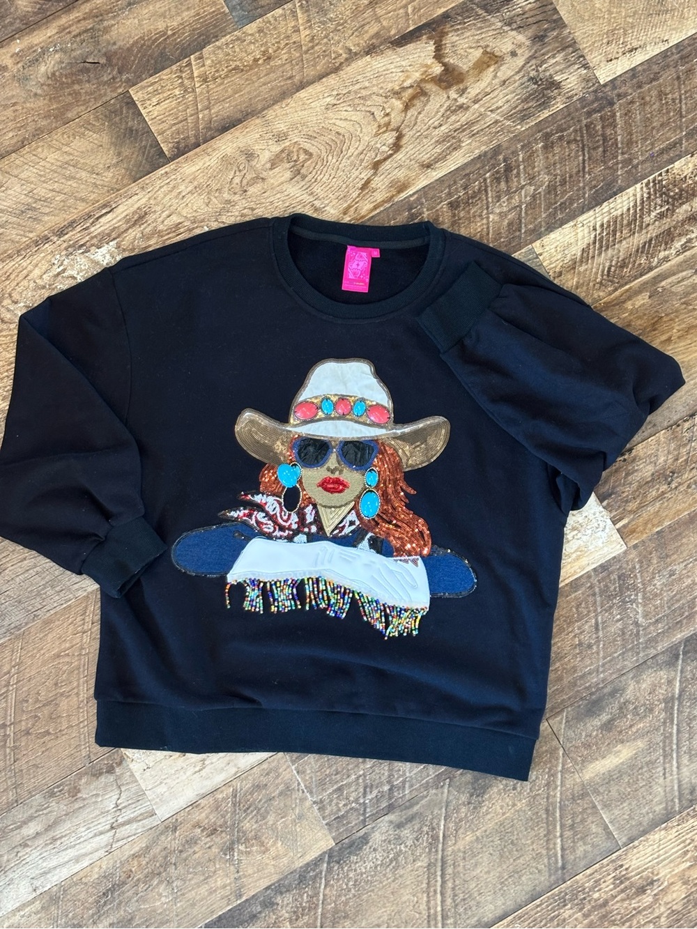 QUEEN OF SPARKLES Black Sequin Cowgirl Graphic Sweatshirt